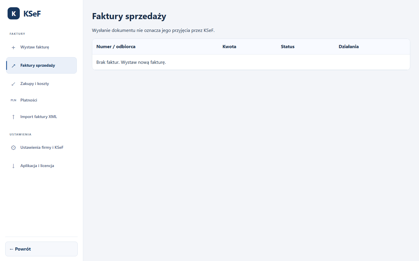 Widok programu KSeF Asystent PRO z rejestrem faktur sprzedaży i menu funkcji